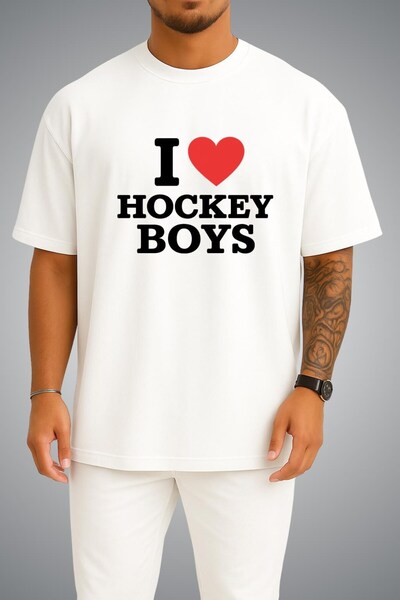 Bahriyeli Collection Oversize Off Campus I Love Hockey Boys Chest Printed Whi...