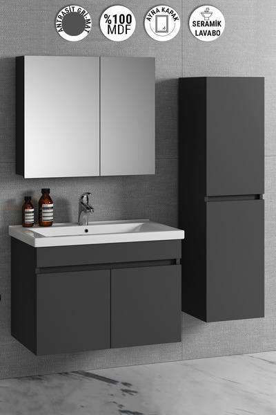 ÖZCEDEN Aynalı Boy Dolaplı Banyo Dolabı Takımı 80+35 Cm Komple Mdf Ve Seramik...