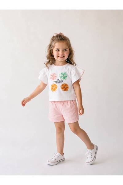 Eray Kids Girls' Floral Patterned Printed Ruffle Sleeve Casual Shorts Set