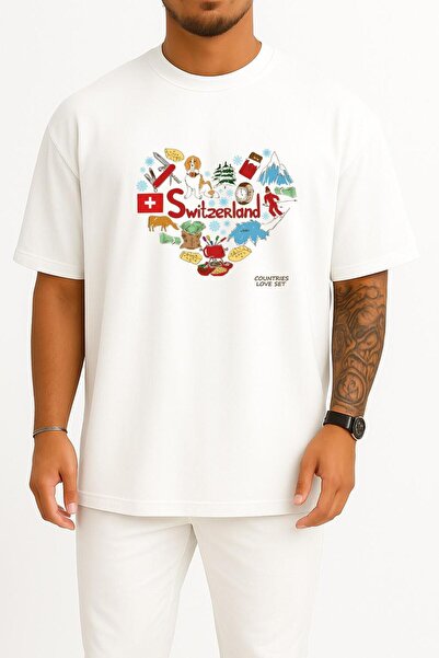Bahriyeli Collection Oversize Swiss Country and Heart Logo Chest Printed Unis...