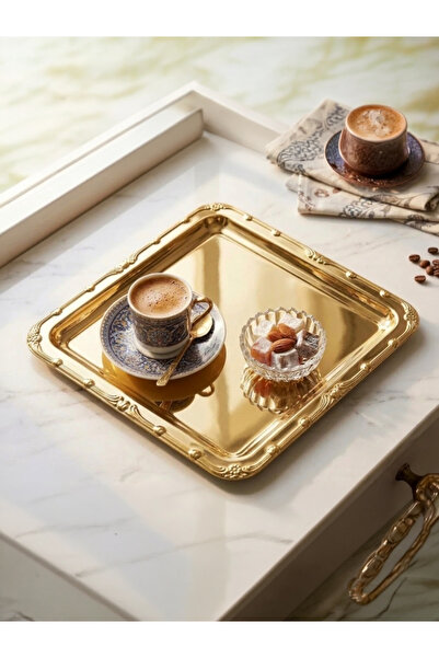 SEVA ÇELİK Gold Kare 1 Piece Tea and Coffee Presentation Tray with Gold Patte...
