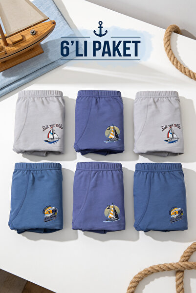 BELİNOPLUS Penye Likralı Erkek Çocuk Boxer 6 Lı Paket - Mini Sailor