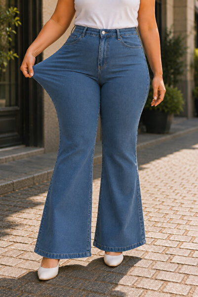 CEDY DENIM - Kadın Büyük Beden Ispanyol Paça Yüksek Bel Skinny Fit Likralı Pantolon C628-buz Mavi