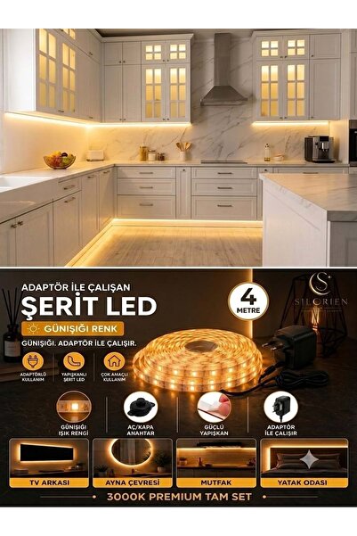 Silorien 4 Metre Günışığı Şerit LED Mutfak Dolabı Tezgah Üstü Adaptörlü Aç Ka...