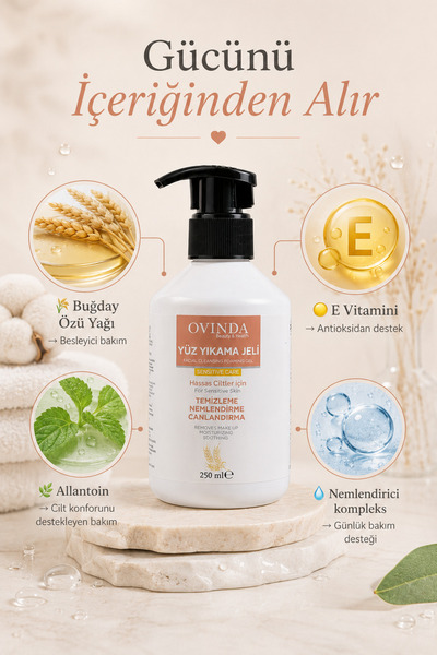 Ovinda Face Washing Gel for Sensitive Skin, Moisturizing Facial Cleansing Gel with Vitamin E, Wheat Oil and Allantoin 250 ml