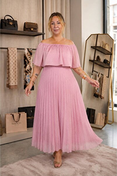 SİBELİZE Büyük Beden Piliseli Astarlı Zarif Maxi Elbise