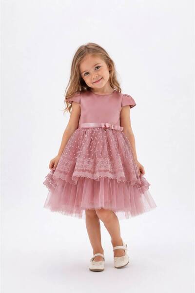 Eray Kids Kız Çocuk Abiye Elbise Dilimli Kuyruklu Mat Saten Fiyonk Detaylı 3-...