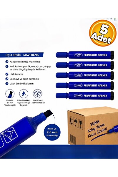 Yuma YM-791-M Mavi Renk Permanent Marker Koli Kalemi Mavi (5 Adet) Kesik Uç