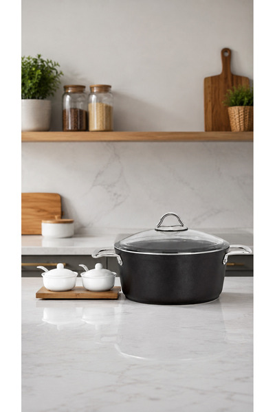 Bonera Pro Plus 22 cm Deep Titanium Coated Pot - with Pyrex Glass Lid - Firep...