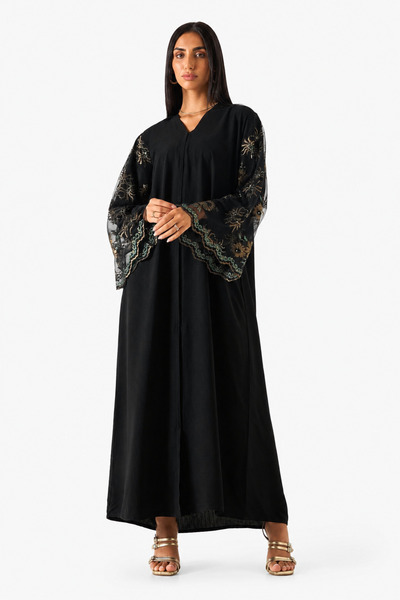 Azria Fashion عباءة سوداء مزينة بالدانتيل