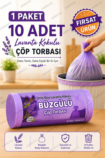 garaccu Lavanta Kokulu Büzgülü Çöp Torbası 10'lu 1 Paket - Orta Boy 55x60 Cm