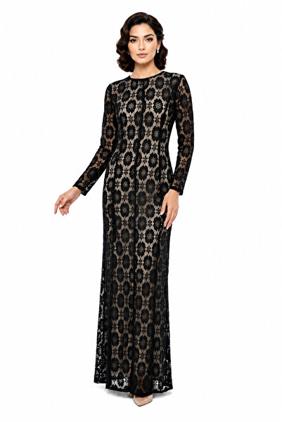 unbranded Women's Black Embroidered Lace Maxi Evening Dress with Long Sleeves...