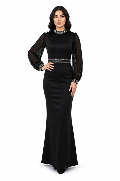 unbranded Women's Black Mermaid Maxi Evening Dress with Sheer Puff Sleeves an...