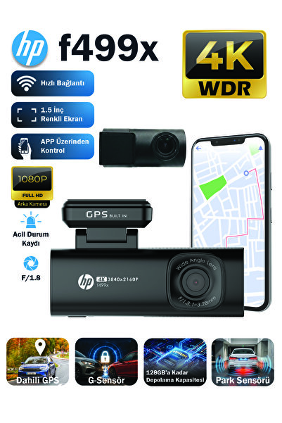 HP F499X 4K FULL HD, Araç İçi Ön + Arka Kamera, 1.5 inch LCD Ekranlı (RESMİ D...