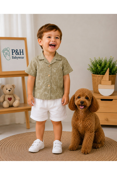 P&H BABYWEAR طقم صيفي للأولاد/الأطفال من الموسلين مع قبعة سفاري مطبوعة بالزهو...