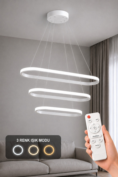 AvizeGO Elipso 3'lü LED Sarkıt Avize 3 Renk Kumandalı