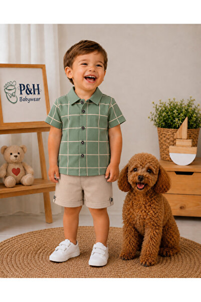 P&H BABYWEAR طقم صيفي للأطفال الأولاد مكون من قطعتين: قميص وشورت قماش منقش