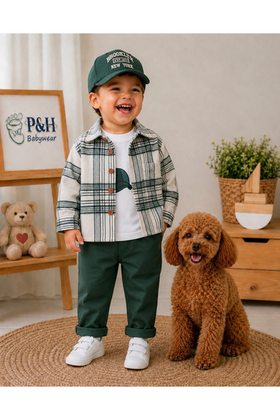 P&H BABYWEAR 4-Piece Boys' and Baby Outfit with Lumberjack Shirt and Oversize...
