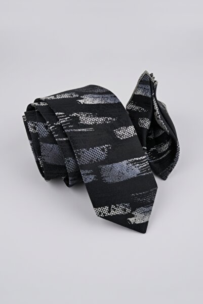 Milleniva Brush Patterned Black Silver Tie & Handkerchief