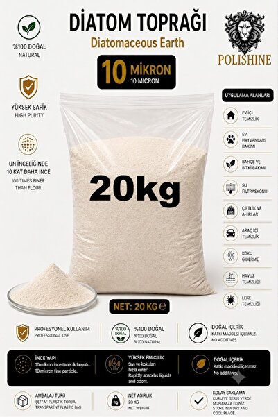 POLİSHİNE Diatom Toprağı %100 | Kalsine Edilmiş |10 Mikron 20kg | Yüksek Saflık