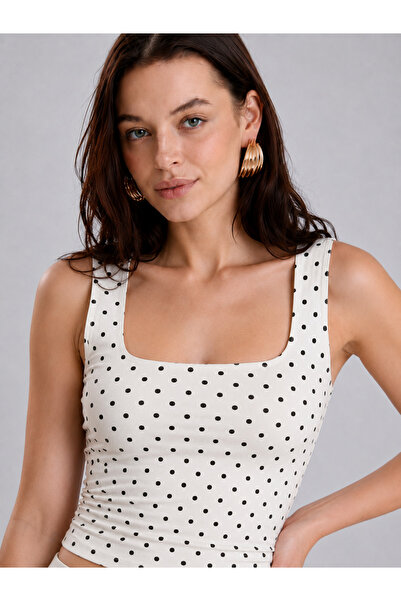 glanour Women's White Polka Dot Ultra Premium 95% Cotton Square Neck Strap Bl...