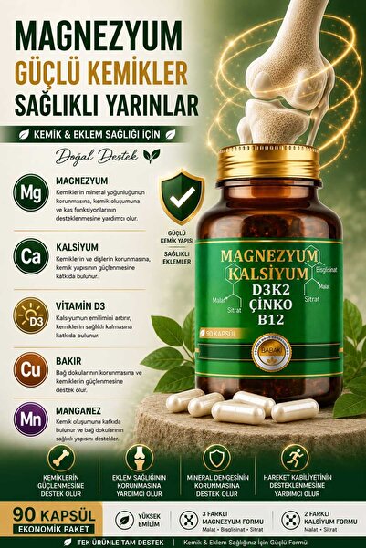 babaki Yüksek Emilim | 3 Form Magnezyum | D3 K2 Çinko B12 | GMP Üretim 90 Kapsül