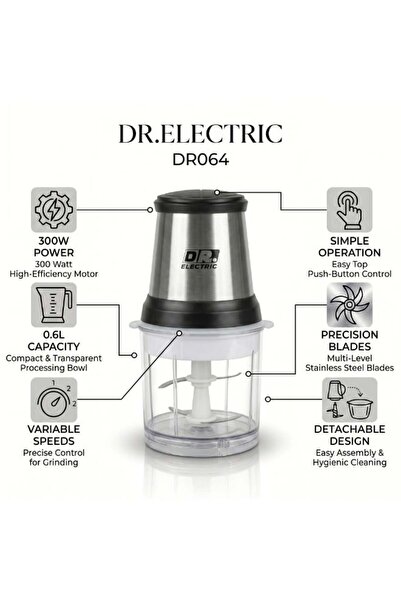 DR.ELECTRIC فرامة لحم وخضار كهربائية 0.6 لتر، 300 واط، شفرات ستانلس ستيل، مود...