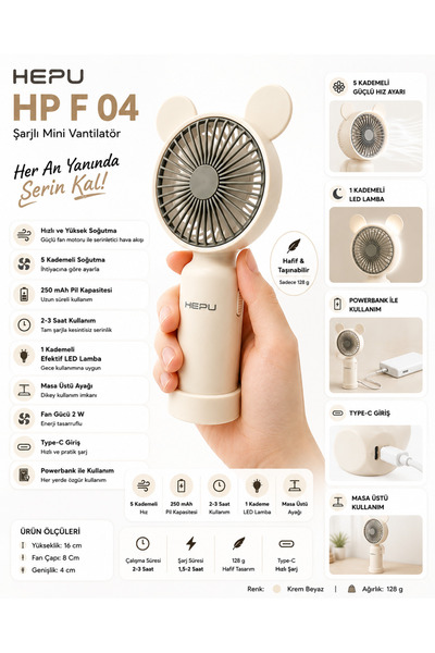HP F04 Portable Rechargeable Bag Type Hand Fan 250 mAh 5-Stage Type-c