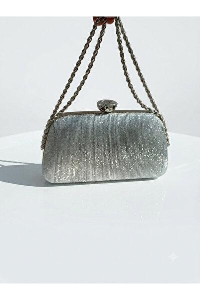 selma demir Kumaş Gümüş Zincir Askılı Portföy Model Clutch Kadın Çanta