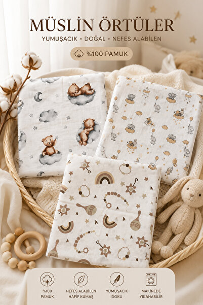 Pico Baby Multi-Purpose Muslin Blanket / Set of 3 / 100% Cotton / Oeko-Tex Ce...