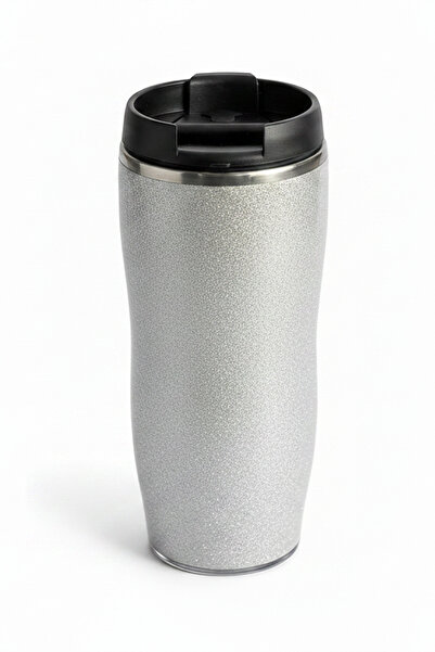 400 ml Gümüş Simli Çelik Termos Mug - 304 Paslanmaz Işıltılı Kahve Kupası