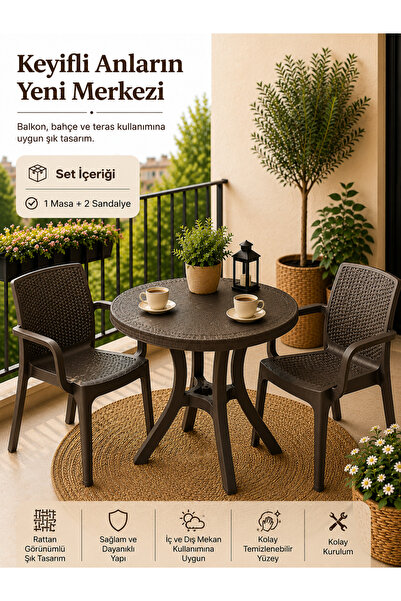 YOGNETIC Rattan Bahçe & Balkon Masa Sandalye Seti | 80 CM Yuvarlak Masa + 2 S...