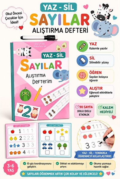 Pembe Pasaj Yaz Sil Sayılar Alıştırma Defteri Okul Öncesi Bitmeyen Yazı Defteri