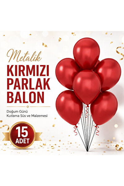 Renkli Party 15 Pieces of Metallic Red Shiny Balloons Birthday Celebration Or...