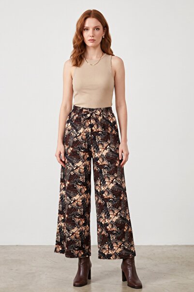 hadiora Women's Black Brown Abstract Patterned Atlas Wide Leg Pants