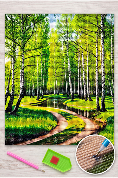 LİVA CRAFT Art & Craft Elmas Mozaik Tablo, 50x40cm Yeşil Orman Boncuk Yapıştı...