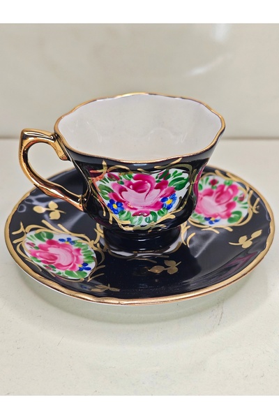 manushum El Boyama Porselen Vintage Royal Kahve Fincanı-siyah 1 Adet