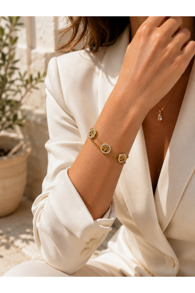 Adata Jewelry Çelik Zirkon Taşlı Gold Hayat Ağacı Bileklik