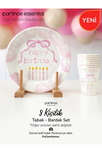 partince Pembe Happy Birthday Fiyonk Mum Tema Tabak Bardak Set Kullan At Kart...