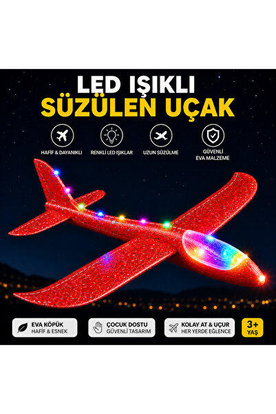 E-Deniz Ticaret Elden Fırlatma Kırmızı Boydan Ledli Köpük Uçak