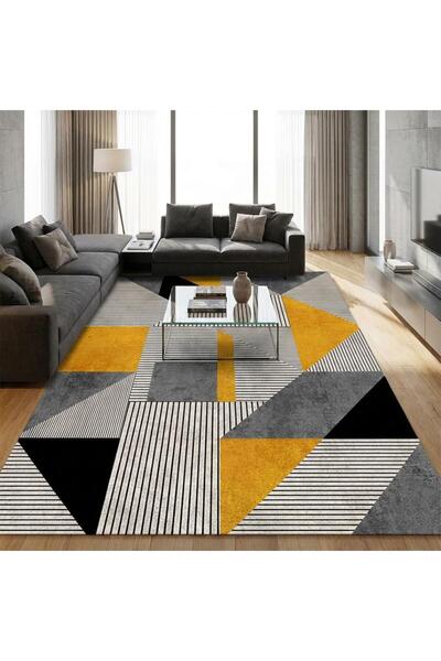 Hardal Gri Geometrik Üçgen Desenli Modern Dijital Baskılı Kaymaz Tabanlı Yıkanabilir Halı Dijital
