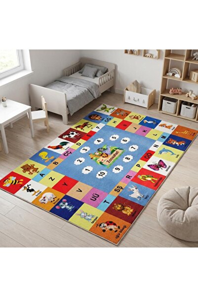 Carpettex Türkçe Eğitici Hayvanlar ve Alfabe Temalı Halı Kaymaz Dijital Baskı...