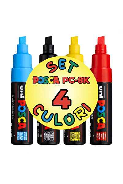 POSCA Marker UNI PC-8K, varf tesit, 8.0mm, set 4 culori