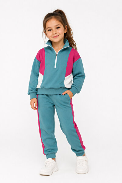 İrem Çocuk Giyim Girl's Half Zipper Model Color Block Green Color Tracksuit Set