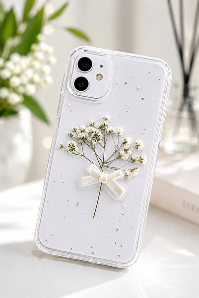 Go Aksesuar Iphone 11 Uyumlu Şeffaf Buket Simli Çiçek (Gerçek Çiçek) Epoksili...