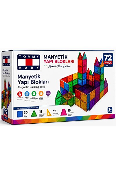 Tommybaby Manyetik Yapı Blokları – Çocuklar İçin Renkli 3 Boyutlu 72 Parça Ma...