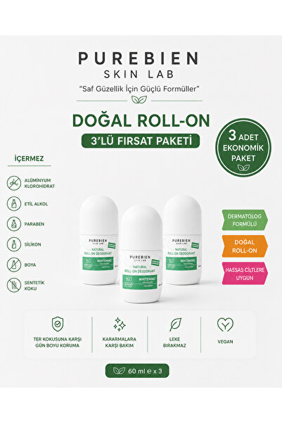 purebien skin lab Doğal Roll On Deodorant Kadın 3'lü Fırsat - Alüminyum Klora...