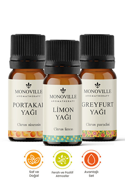 Monoville Limon Yağı 10 ml, Portakal Yağı 10 ml, Greyfurt Yağı 10 ml 3'lü Set...