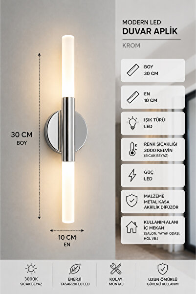 MYLUX AYDINLATMA VE TASARIM Umut Led Modern Chrome Wired Sconce