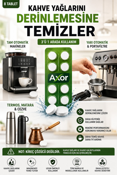 AXOR Full and Semi-Automatic Coffee Machine Cleaning Tablets 8 Pack Italy